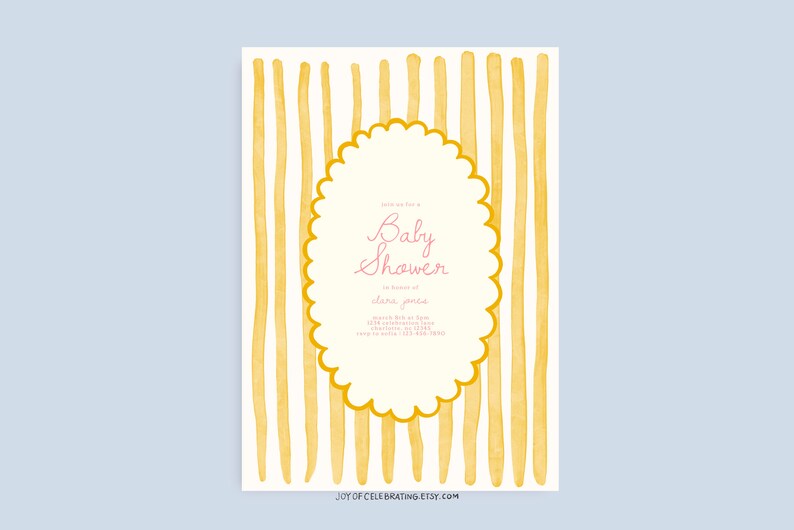 May include: A yellow and white baby shower invitation with a scalloped border and the text "Save the Date for a Baby Shower in honor of [name]"