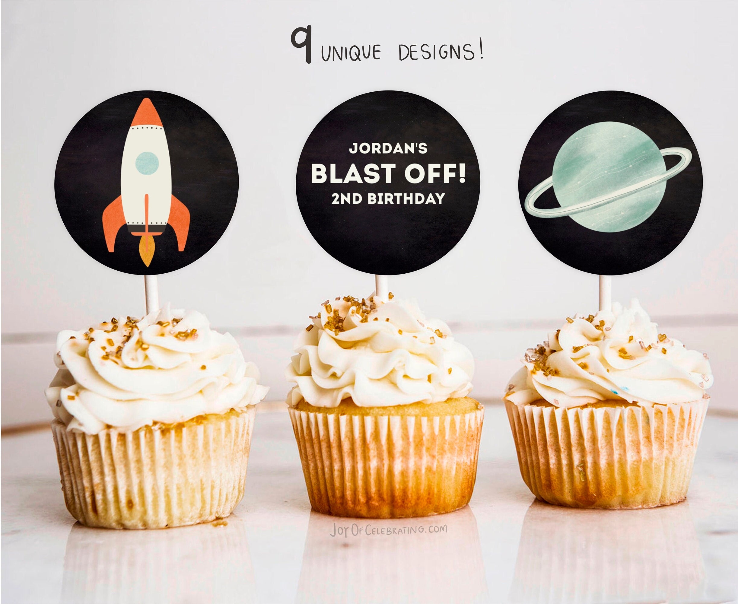 Blast Off | 9 Different Designs for Space Rocket Galaxy Themed Party, Editable Cupcake Dessert Toppers Template for Planetary Birthday
