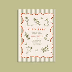 Puede incluir: Un fondo a rayas blancas y rojas con una tarjeta blanca que presenta una invitaci&oacute;n a un baby shower con el texto "Ciao Baby" y "Bella Jones". La invitaci&oacute;n incluye detalles para un baby shower el 15 de diciembre a las 6 pm en la residencia de Holly, 1234 Holiday Drive, New York, NY 12345. El n&uacute;mero de tel&eacute;fono es (123) 456-7890. La invitaci&oacute;n est&aacute; decorada con ilustraciones verdes y marrones de un biber&oacute;n, una copa de vino, un taz&oacute;n de pasta, una cafetera, limones, tomates y ramas de olivo.