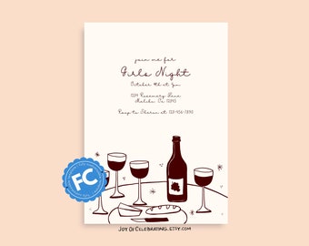 Gribouillis joyeux | Invitation Doodle à la soirée vin entièrement personnalisable, soirée entre filles dessinée à la main, modèle de dîner
