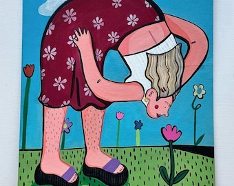At one with nature !! - original gouache painting - colourful funky cartoon portrait- flowers