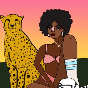 cheetah gal sunset- illustration print- flat colourful fun cartoon portrait- graphic art