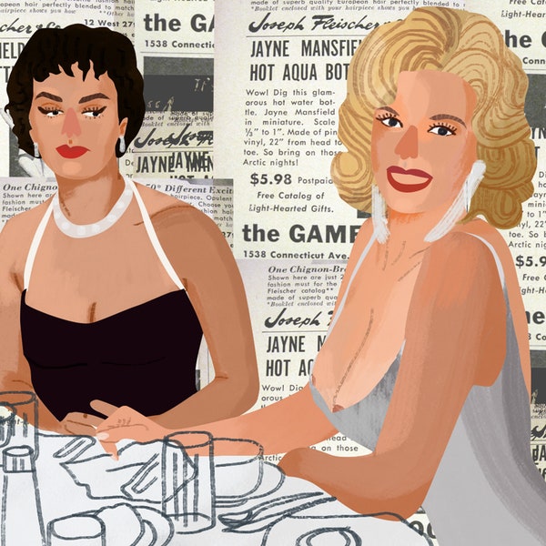 sophia loren and jayne mansfield digital illustration art print, iconic 50s picture, vintage hollywood pin up women art