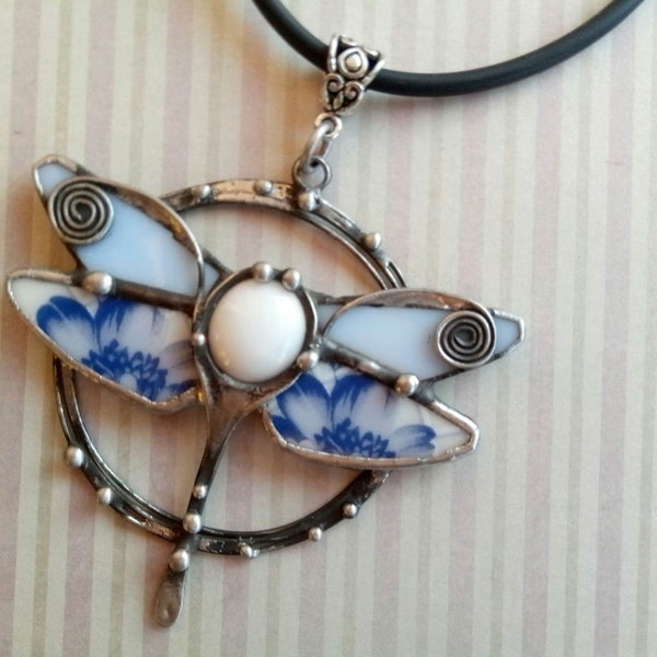 pendant dragonfly from stained glass and porcelain, a gift to mom, grandmother, daughter, girlfriend, granddaughter