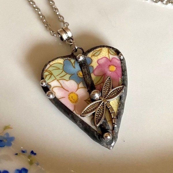 broken china porcelain pendant in the shape of a heart and a dragonfly gift for mom sister friend necklace gift for her