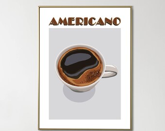 Americano Poster | Black Coffee Poster | Minimal Coffee Print | Retro Coffee Poster