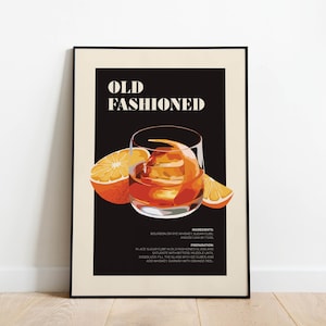 Old Fashioned Cocktail | Cocktail Poster | Whiskey Cocktail Poster | Bar Cart Art |  Whiskey Poster