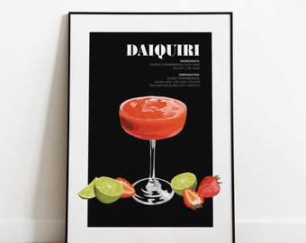 Daiquiri Cocktail Poster | Strawberry Daiquiri | Cocktail Poster | Cocktail Print | Bar Cart Art | Bar Cart Prints