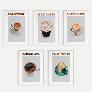 May include: Five printable posters with illustrations of different coffee drinks. Each poster has a white background with a gray rectangle in the center. The rectangle contains a stylized illustration of a coffee drink and the name of the drink in brown text. The drinks are: Espresso, Iced Latte, Cappuccino, Americano, and Flat White.