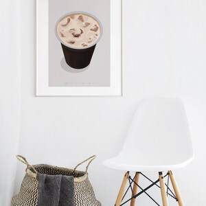 May include: A framed print of a digital illustration of an iced latte in a clear plastic cup with a brown lid. The text "ICED LATTE" is printed in brown at the top of the print.