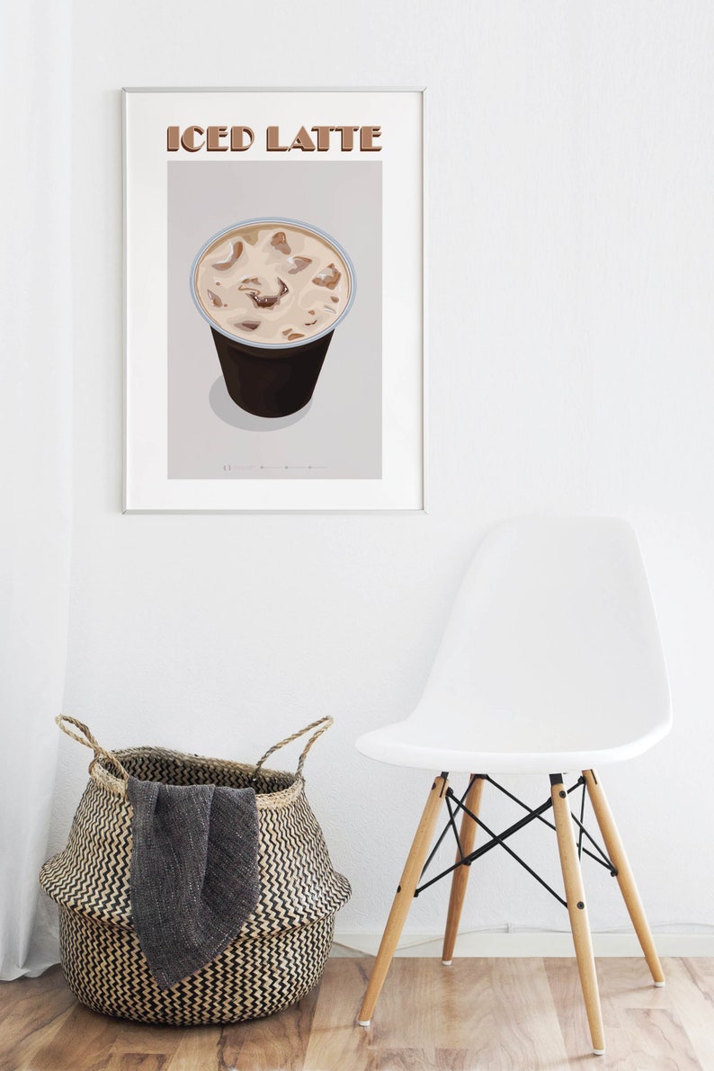 May include: A framed print of a digital illustration of an iced latte in a clear plastic cup with a brown lid. The text "ICED LATTE" is printed in brown at the top of the print.