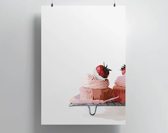Cupcake Painting | Strawberry Decor | Cafe Kitchen Decor | Dessert Art | Cupcake Print | Bakery Decor