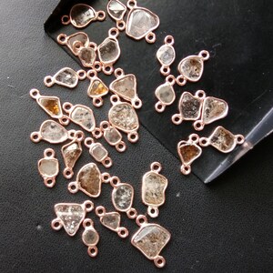 Conector de diamante en bruto de 10 a 12 mm en rodajas marrones, conector de plata 925 con diamante marrón, conector de diamante pulido en oro rosa para joyería (1 a 5 piezas)