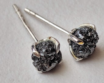 5mm Black Raw Diamond Studs, 2 Pcs Matched Pair Black Rough Diamond Studs, 925 Sterling Silver Raw Diamond Earrings Prong Setting - PPD566