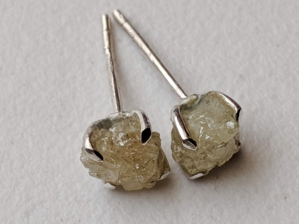 5-5.5mm Light Yellow Raw Diamond Studs, 2 Pc Matched Pair Rough Diamond Studs, 925 Sterling Silver Raw Diamond Earrings Prong Setting-PPD570