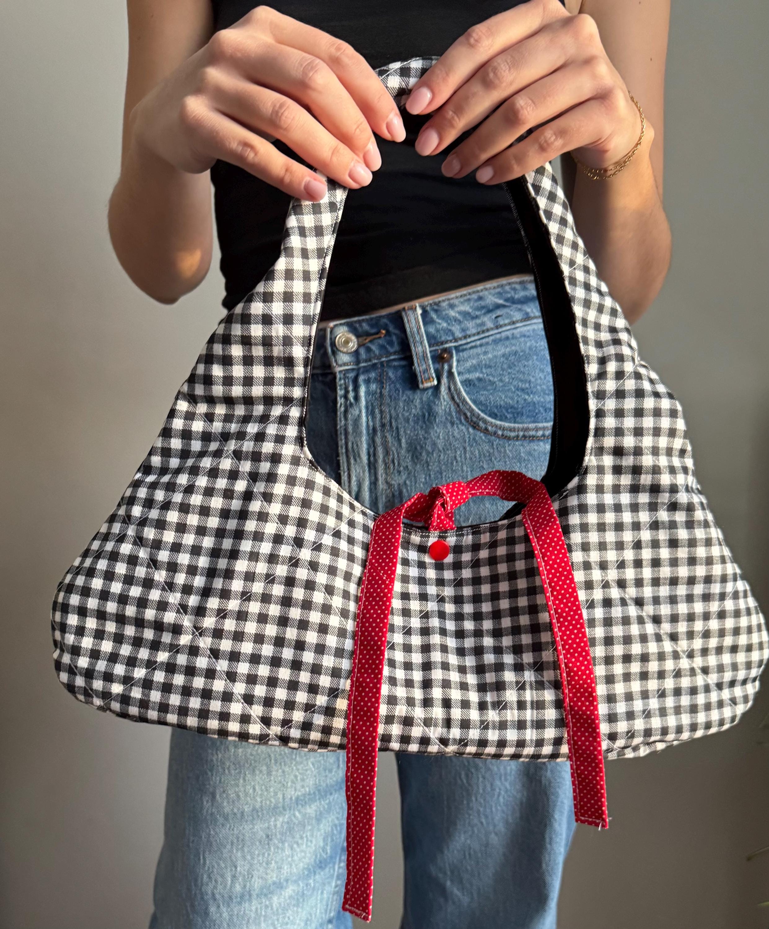 Handmade Shoulder Bag Purse, Gingham quilted bag, one-of-a-kind bag, cotton Gingham bag, Black Gingham, Red and black Gingham Purse