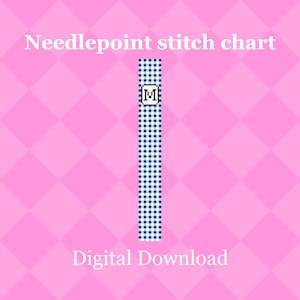 May include: A needlepoint stitch chart digital download featuring a vertical blue and white gingham pattern strip with a central white square containing the black letter M. The text Needlepoint stitch chart and Digital Download are visible.