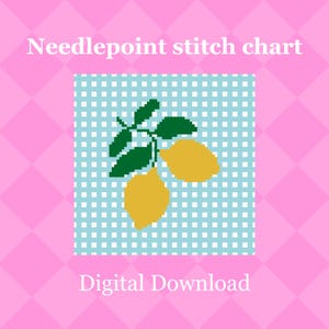 May include: Needlepoint stitch chart with a lemon design. The image features a light blue background with a grid pattern, a lemon branch with two yellow lemons and green leaves. The text "Needlepoint stitch chart" and "Digital Download" are displayed.