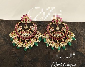Stud hanging chandbali earrings |indian earrings |indian ethnic jewelry |jhumkas earrings |temple  bollywood jewelry |kundhan earrings