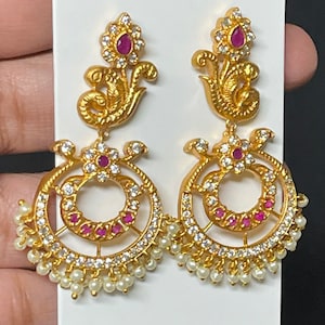 Stud hanging chandbali earrings |indian earrings |indian ethnic jewelry |jhumkas earrings |temple  bollywood jewelry |kundhan earrings
