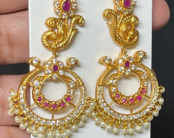 Stud hanging chandbali earrings |indian earrings |indian ethnic jewelry |jhumkas earrings |temple  bollywood jewelry |kundhan earrings