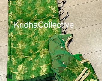 Lenin jamdhani handloom  borderless partywear saree with stitched blouse |falling|wedding|border|pattu silk ethnic women festival sarees