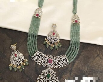 Beautiful Ad and beads medium necklace set with matching earrings |wedding jewelry |handmade jewelry |Indian necklace |indian earrings |