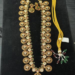 Bhottu mala in green kempu cz long haram with matching earrings