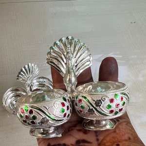 Indian return gifts germansilver kumkum and haldi peacock holder