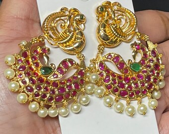 Stud hanging chandbali earrings |indian earrings |indian ethnic jewelry |jhumkas earrings |temple  bollywood jewelry |