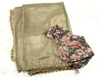 Cocktail tissue soft organza silk saree with contrast designer stitched blouse