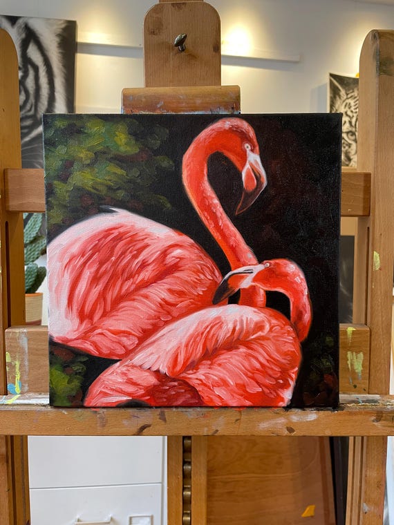 フラミンゴのつがい | オリジナル油絵 | フラミンゴの鳥の絵