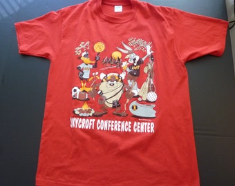 Vintage RARE Velva Sheen Looney Tunes Red T-Shirt Large 1993 1990s Tshirt 50/50 Cotton/Poly 90s Single Sided Bugs Bunny Taz Daffy