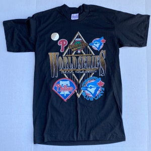 Vintage NOWA koszulka z serii World Series z 1993 r. RZADKA Czarna L Toronto Blue Jays Philadelphia Phillies Jednostronna 50/50 bawełna poliester 90s pojedynczy ścieg