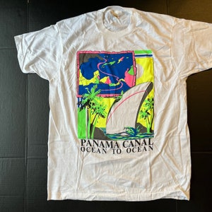 Vintage Panama Canal T-Shirt Tee RARE 1980s White XL Single Stitch 50/50 Vtg 1-Sided 80s USA Screen Stars Colorful Vibrant Neon Chartreuse