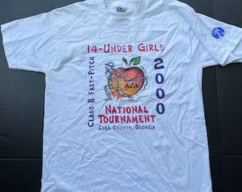 Vintage Girls Fast-Pitch Softball 2000 T-Shirt Tee RARE White L Best Fruit of Loom 50/50 1-Side Vtg Single Stitch USA Fotl Tournament