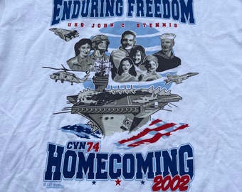 Vintage USS John C Stennis 2002 T-Shirt Tee RARE White L Lofteez Fruit of Loom Cotton 2-Side Enduring Freedom Vtg Cvn74 Aircraft Carrier