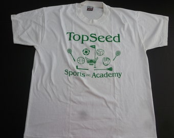 Vintage Top Seed Sports Academy T-Shirt Tee RARE 90s White XL Best Fruit of Loom 50/50 1-Sided Vtg Single Stitch USA Fotl
