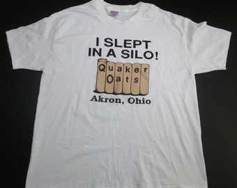 Vintage RARE Silo Quaker Oats T-Shirt XL Hanes USA White Single Stitch Tshirt 50/50 Cotton 80s/90s 1-Sided Heavyweight T Tee Akron Ohio Oh