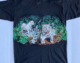 Vintage RARE 1994 White Tigers T-Shirt L Signal Sport USA Black Tshirt Cotton 90s All Over Print Single Stitch Crew Tee