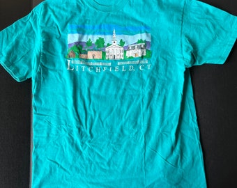 Vintage RARE Litchfield Connecticut T-Shirt XL Hanes USA Aqua Single Needle Tshirt Cotton 80s Stitch Beefy T Tee Ct