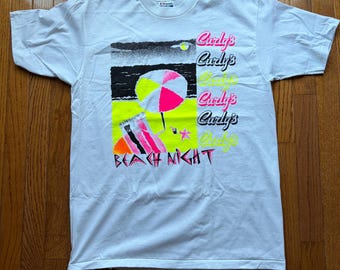 Vintage Curly's Beach Night T-Shirt Tee RARE White L Single Stitch 50/50 Hanes 1990s VTG 1-Sided 90s Usa Us