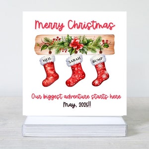 Tarjeta de anuncio de bebé, tarjeta con medias navideñas, anuncio de Navidad de bebé, tarjetas navideñas personalizadas, tarjeta navideña de revelación de embarazo