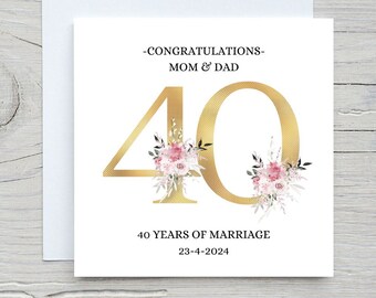 Carte personnalisée pour 40e anniversaire de mariage, 40 ans rubis, 40 ans de félicitations, 40e anniversaire de mariage, maman et papa, cartes irlandaises