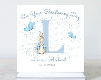 Christening Card A-Z - Boys - Vintage Bunny Rabbit - Personalised Alphabet Card, Son Grandson Godson Nephew Christening Card