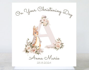 Vintage Hasen Taufkarte: Personalisierte Alphabet Mädchens Karte