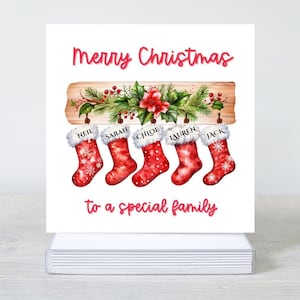 Gepersonaliseerde familiekerstkaart; Familiekerstkaart; Kerstkaart; Kerstsokkaart. Gezin van 5 gepersonaliseerde kerstkaarten