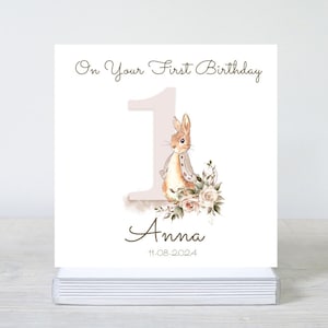 Première carte d'anniversaire neutre, carte de 1er anniversaire de lapin vintage, carte de fils fille petit-enfant neveu nièce, carte de 1er anniversaire de dieu fils