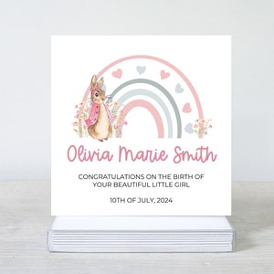Carte personnalisée de nouveau bébé, conception personnalisée de lapin de bébé fille, félicitations pour la naissance de votre fille, carte de bébé fille