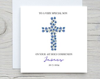 Personalized First Holy Communion Card with Bluel Cross, Communion Card for Boy, First Holy Communion Card for Son, Nephew, Godson